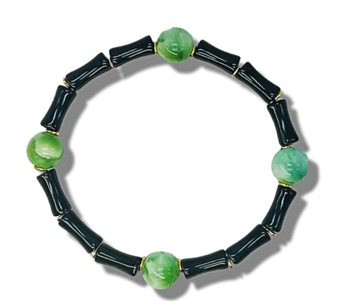 Bamboo stone stretch Bracelet Onyx/ Green moonstone