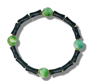 Bamboo stone stretch Bracelet Onyx/ Green moonstone
